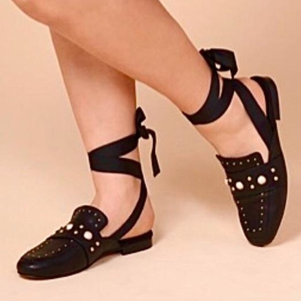 Free People Pearl Studded Black Leather Lace Up Loafer Mules Flats